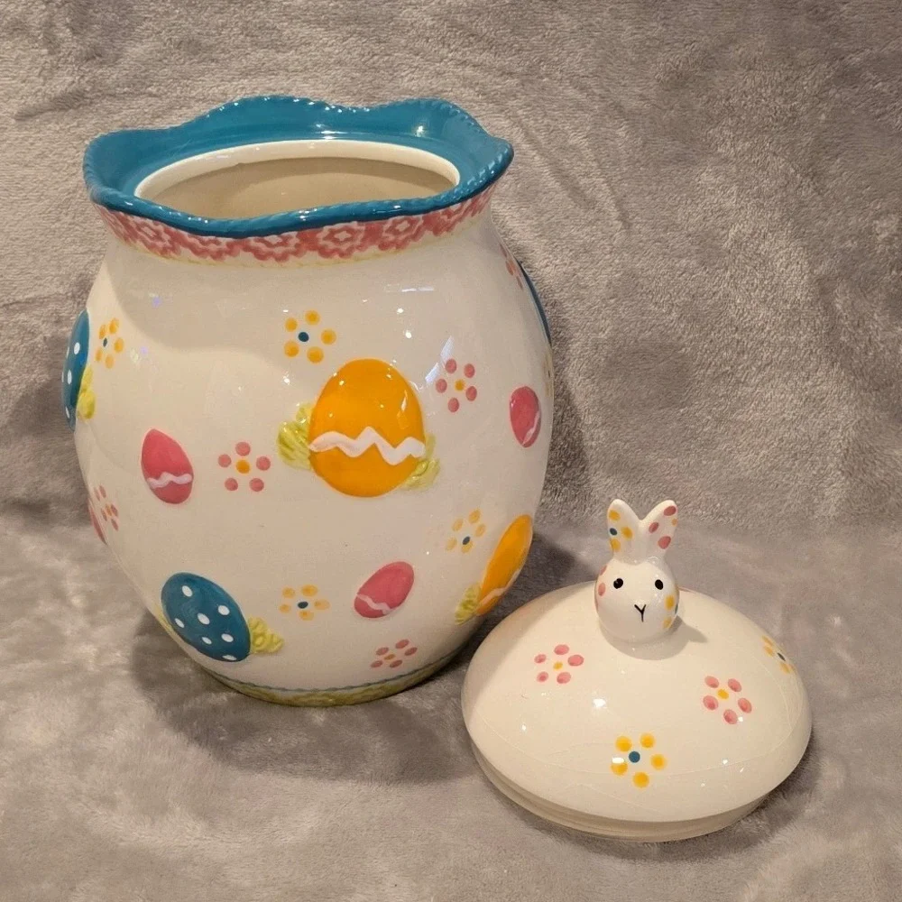 Temp-tations Old World Easter Egg Cookie Jar Bunny Lid Hand Painted Ceramic 10x7